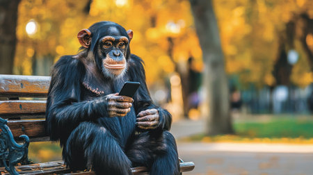 A serene chimpanzee sits on a park bench, intently using a smartphone amidst a backdrop of vibrant autumn foliage, showcasing a playful blend of nature and technology.の素材