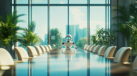 A sleek robot sits at a long conference table in a modern office, surrounded by lush greenery and large windows. The scene captures innovation and future technology in a corporate environment.の素材