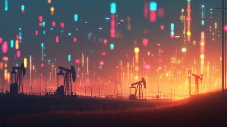 A stunning representation of oil rigs at sunset, combined with colorful digital data overlays. This artwork captures the contrast between industry and technology in a vibrant atmosphere.の素材