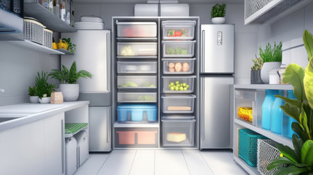 A sleek and modern kitchen showcases a well-organized refrigerator filled with fresh produce and vegetables. The bright space features stylish storage solutions and a clean layout, perfect for culinary enthusiasts.の素材