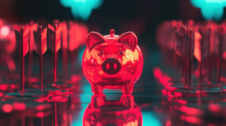 This vibrant image features a glossy red piggy bank amidst a sea of arrows, symbolizing financial goals and saving strategies. The reflective surface enhances the modern appeal.の素材