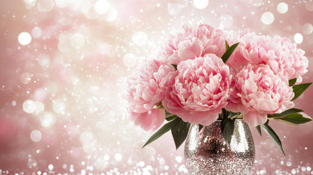 A stunning arrangement of pink peonies in a sparkling vase set against a dreamy bokeh background, perfect for adding charm and elegance to any space.の素材