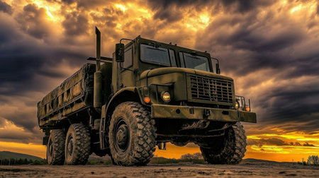 A military truck captured against a striking sunset. The vehicle showcases a rugged design with large wheels, set amidst dramatic clouds, conveying strength and adventure.の素材