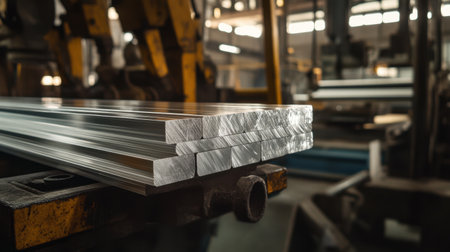 Close-up view of aluminum bars stacked on a workbench in an industrial workshop, showcasing the production environment with tools and machinery in use.の素材