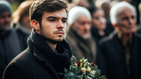 A somber young man stands amidst a crowd during a memorial ceremony, holding a bouquet of flowers. His expression reflects deep emotion and contemplation, highlighting the themes of grief and remembrance.の素材