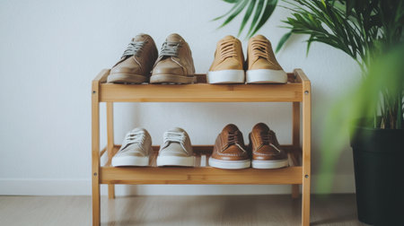 A cozy display of stylish footwear arranged neatly on a wooden shelf. The scene features a green plant, adding a fresh touch to the indoor space. Perfect for home decor inspiration.の素材