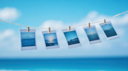 A collection of photos hangs on a clothesline against a beautiful blue sky. This scene evokes feelings of nostalgia, leisure, and creativity in a serene natural setting.の素材