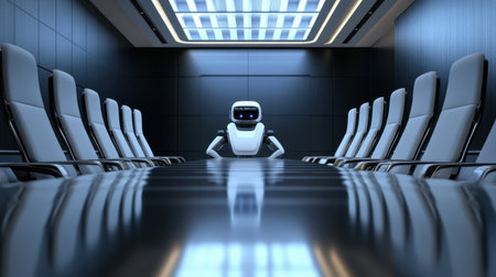 A futuristic robot assistant is positioned in a sleek conference room, embodying innovation and cutting-edge technology. Ideal for themes of leadership and collaboration.の素材
