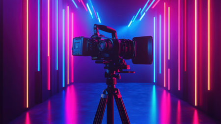A stunning camera positioned on a tripod in a neon-lit studio that showcases vibrant colors and modern aesthetics, perfect for photography and videography.の素材