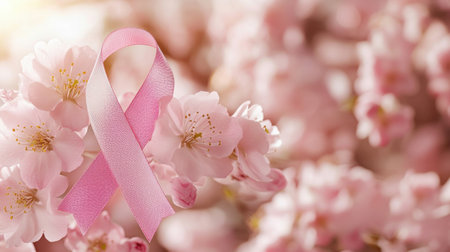 Beautiful pink ribbon rests on soft blooming cherry blossoms, symbolizing hope and awareness in health campaigns. This gentle image captures spring's essence.の素材