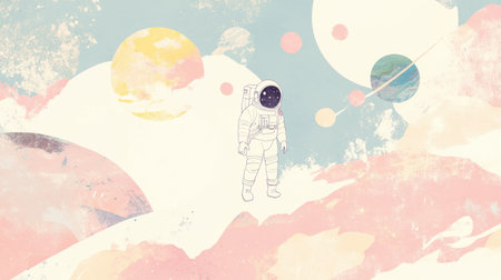 This captivating digital illustration features an astronaut standing in a colorful abstract space, surrounded by vibrant planets and clouds, evoking a sense of adventure and exploration.の素材