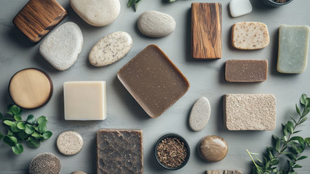 A visually appealing arrangement of assorted natural soap bars and stones on a light surface. Perfect for themes of wellness, beauty, and relaxation.の素材