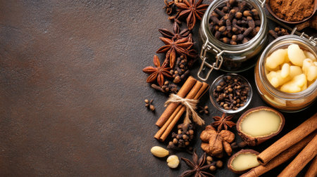 A beautifully arranged collection of spices and baking ingredients on a dark surface. Ideal for culinary styling, cooking inspiration, and recipes.の素材