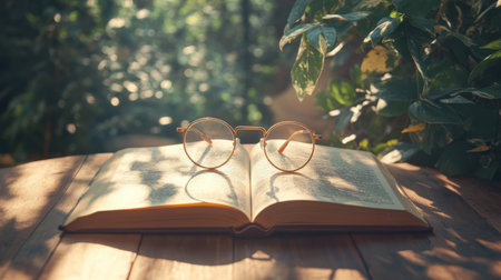 A serene outdoor scene featuring an open book with glasses resting on top, surrounded by lush greenery and dappled sunlight, perfect for a calming reading experience.の素材