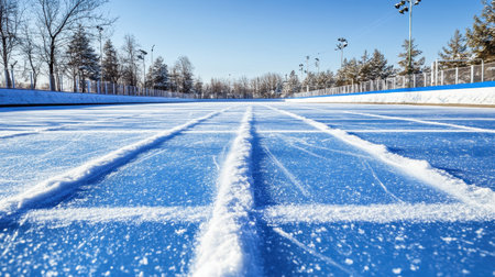 A peaceful view of an ice rink featuring a freshly groomed blue surface and a clear blue sky. The surrounding trees create a serene winter atmosphere.の素材