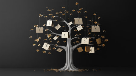 A three-dimensional tree displaying dollar signs and tags against a black background, symbolizing money, investment, and growth in a creative and modern design.の素材