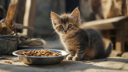 A charming kitten sits beside a bowl of dry cat food in an outdoor setting. With its bright eyes and striped fur, this small feline captures the essence of innocence and playfulness.の素材
