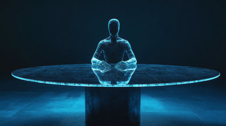 This striking image features a futuristic human figure rendered in blue light, seated at a transparent holographic table, evoking themes of technology and virtual reality.の素材
