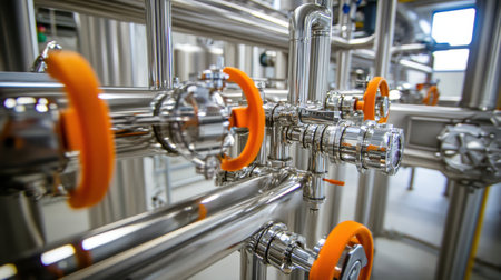 Closeup view of metal pipes with orange handles in an industrial setting, highlighting the complexity of the machinery and equipment used for fluid transport.の素材