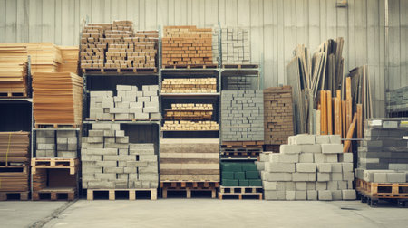 A spacious warehouse showcasing neatly stacked lumber and various building materials on pallets. The organized layout emphasizes efficiency in construction supplies.の素材