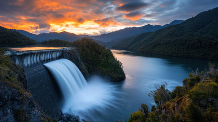 A breathtaking waterfall flows into a serene reservoir, illuminated by a vibrant sunset backdrop. The surrounding mountains and calm waters create a tranquil atmosphere perfect for nature lovers.の素材