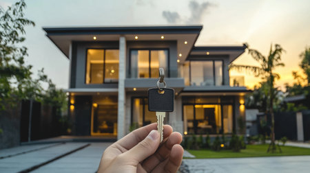 A hand holding house keys stands in front of a beautiful modern home at sunset, symbolizing the excitement of owning a new property and the start of a fresh journey.の素材