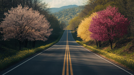 A picturesque spring road surrounded by vibrant flowering trees and rolling hills creates a serene scene perfect for nature lovers and travel enthusiasts.の素材