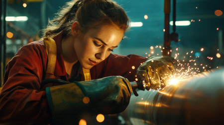 A skilled female welder intensely focuses on a metal pipe in a vibrant industrial workshop. Sparks fly as she showcases her craftsmanship and dedication to the trade.の素材