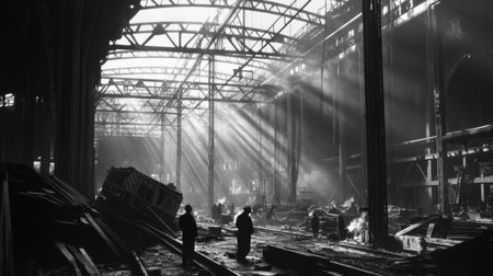 Dim sunlight streams through the skeletal remains of an abandoned warehouse. Shadows and dust particles create a haunting atmosphere in this industrial space.の素材