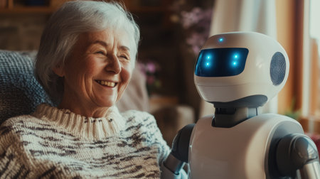 An elderly woman smiles warmly as she enjoys the company of a friendly robot companion. The scene captures a heartwarming interaction in a cozy home environment, showcasing the blend of technology and human emotion.の素材