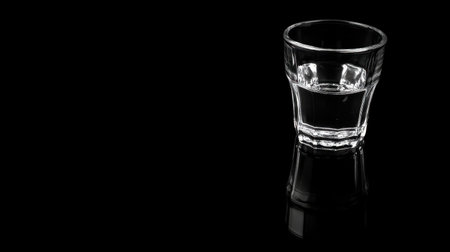 A clear shot glass filled with water sits on a reflective black surface, showcasing its smooth edges and minimalistic beauty. Ideal for beverage themes.の素材