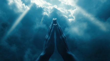 Ethereal image of hands in prayer position against dramatic clouds, symbolizing spirituality and hope. The light beams evoke a sense of divine connection and tranquility.の素材
