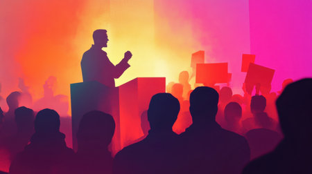 A vibrant silhouette of a speaker energizes a passionate crowd during a rally. The scene captures the essence of activism and public engagement, expressing the pursuit of change and unity.の素材