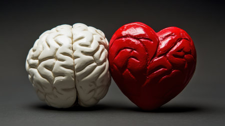 This artistic representation features a brain and a heart symbolizing the balance between logic and emotion. An impactful visual for themes of psychology, relationships, and self-awareness.の素材
