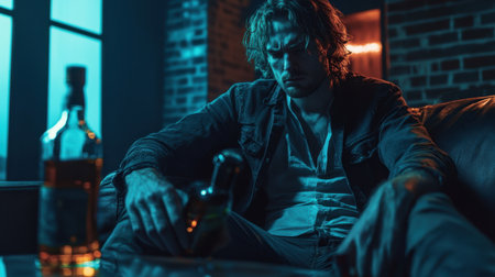 A young man sits pensively on a couch, surrounded by shadows and blue light, holding a whiskey bottle. The scene captures deep emotions and a sense of solitude.の素材
