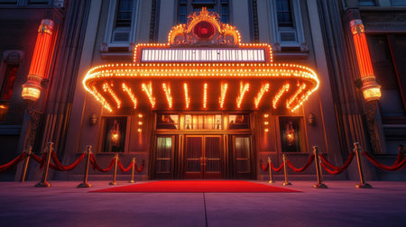 A stunning view of a historic theater entrance adorned with bright marquee lights and a red carpet, inviting visitors to experience an evening of entertainment and glamour.の素材