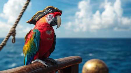 A vibrant parrot wearing a pirate hat perches on a ship's railing, showcasing stunning colors against a backdrop of blue ocean and puffy clouds. Perfect for travel and adventure themes.の素材