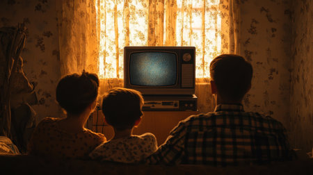 A heartwarming scene of a family gathered in a cozy living room, enjoying vintage television in soft light. They share a nostalgic moment together.の素材