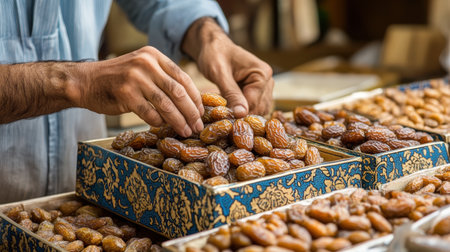 A pair of hands carefully sorts through fresh dates at a traditional market stall. The vibrant colors and textures create an inviting culinary scene showcasing local produce.の素材