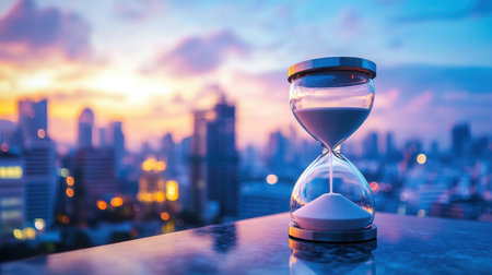 An elegant hourglass rests on a table, capturing the essence of time against a stunning urban skyline at sunset, blending beauty with tranquility.の素材