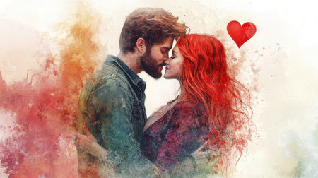 A vibrant artistic representation of a romantic couple sharing an intimate moment, surrounded by colorful splashes, symbolizing love and connection.の素材