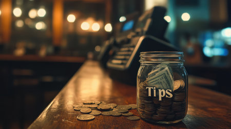 A clear jar filled with cash and coins sits on a wooden counter in a cafe, symbolizing tips and customer appreciation in a cozy, inviting atmosphere.の素材