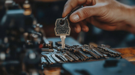 A close-up view of a hand holding a vintage key above a wooden table filled with assorted keys, showcasing craftsmanship and workshop tools for security and artistry.の素材