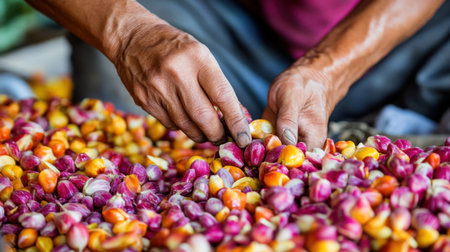 A close-up of hands sorting vibrant flower petals showcases the intricate beauty of nature. This captivating scene highlights the art of crafting and the joy of working with natural materials.の素材