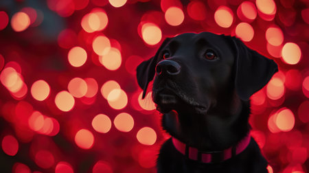 A captivating portrait of a black dog against a vibrant red bokeh background. The dog's expressive eyes and collar shine, creating a warm and charming atmosphere.の素材