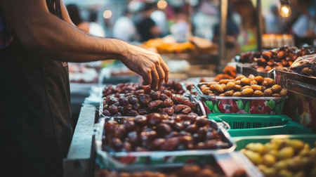 A hand delicately selects fresh dates from an array of vibrant stalls at a lively market, capturing the essence of local culture and culinary delight.の素材
