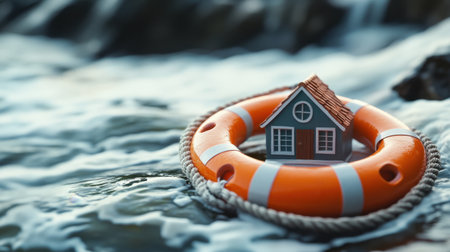 A miniature house resting on a vibrant lifebuoy surrounded by ocean waves, symbolizing safety and security amidst unpredictable water. Perfect conceptual image.の素材