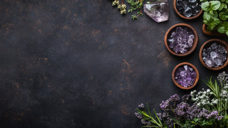 A stunning flat lay of natural herbs and crystals arranged on a dark textured background, showcasing vibrant greens and enchanting purples for a serene aesthetic.の素材