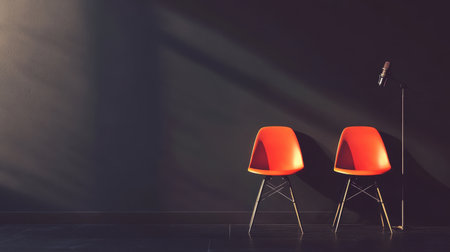A minimalist studio interior featuring two vibrant red chairs and a microphone setup. The play of light and shadow creates a serene atmosphere suitable for performance or relaxation.の素材