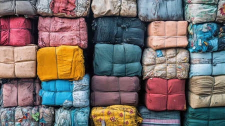 A captivating display of stacked fabrics in various colors and patterns. This image highlights the rich diversity found in textile warehouses, showcasing vibrant materials ready for use.の素材